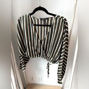 FOREVER 21  |  Striped Wrap Front Long Sleeve Blouse with Tie Detail S